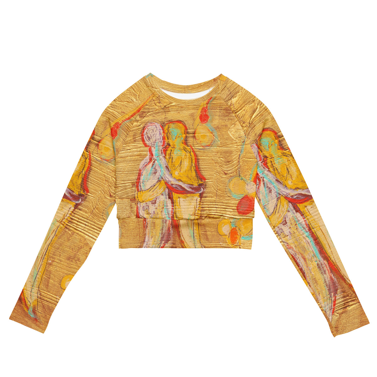 Flat front of a gold long sleeve crop top with two embracing figures and red flowers, LOVE AS NATURE I by Klara Chavarría
