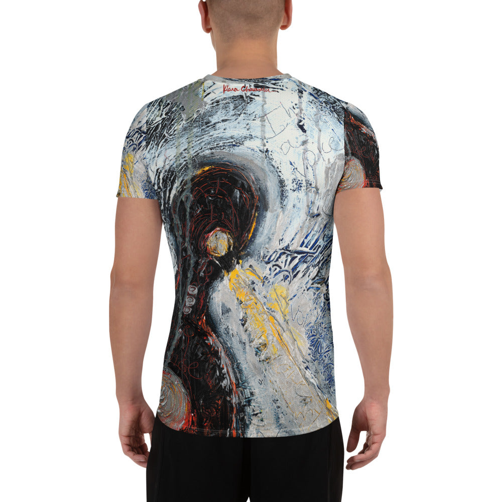 Back view of model in the athletic tee, showing the dark form, gold accents and red signature below the collar
