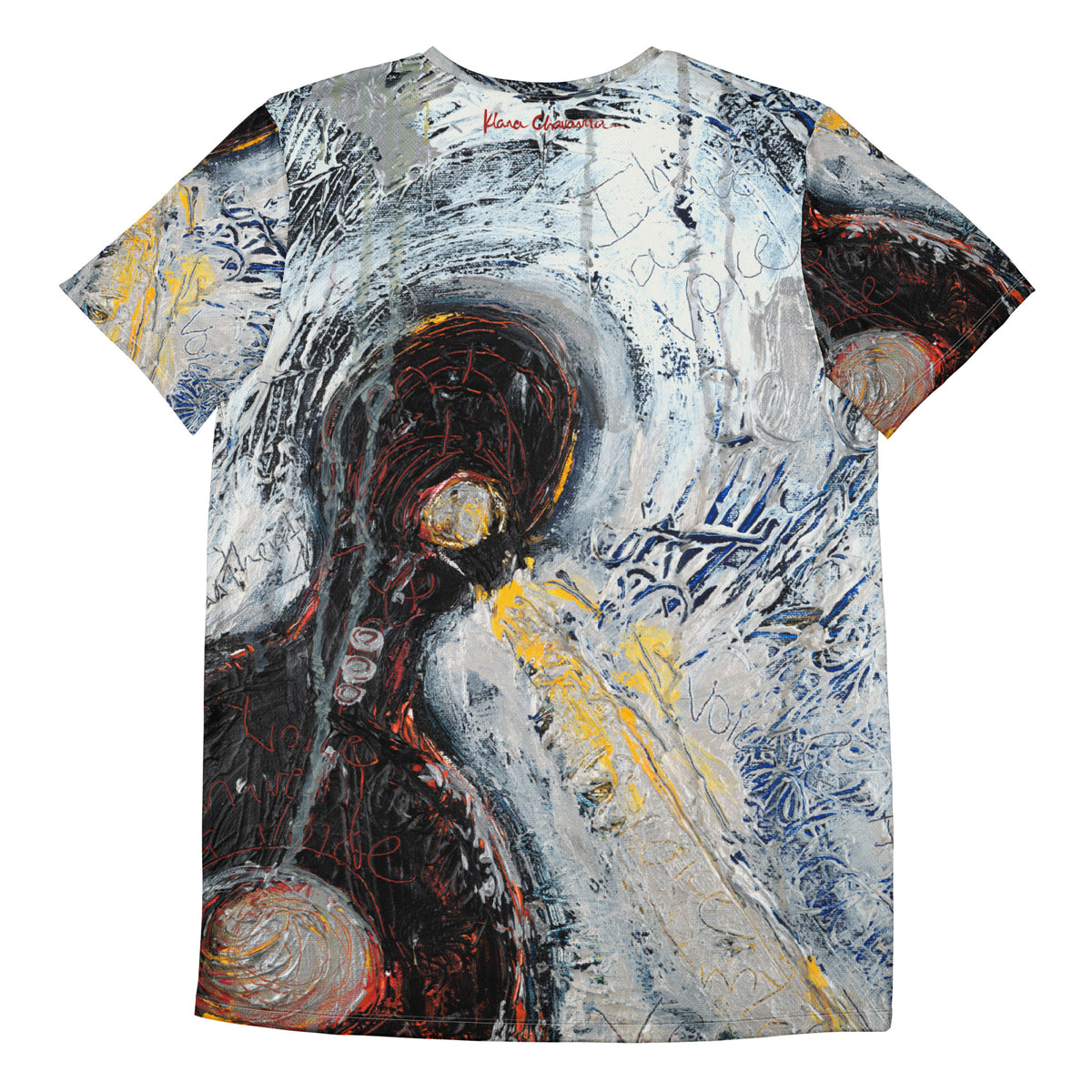 Flat back view of the athletic tee, the same dark form and yellow streaks with a small red signature at the neck