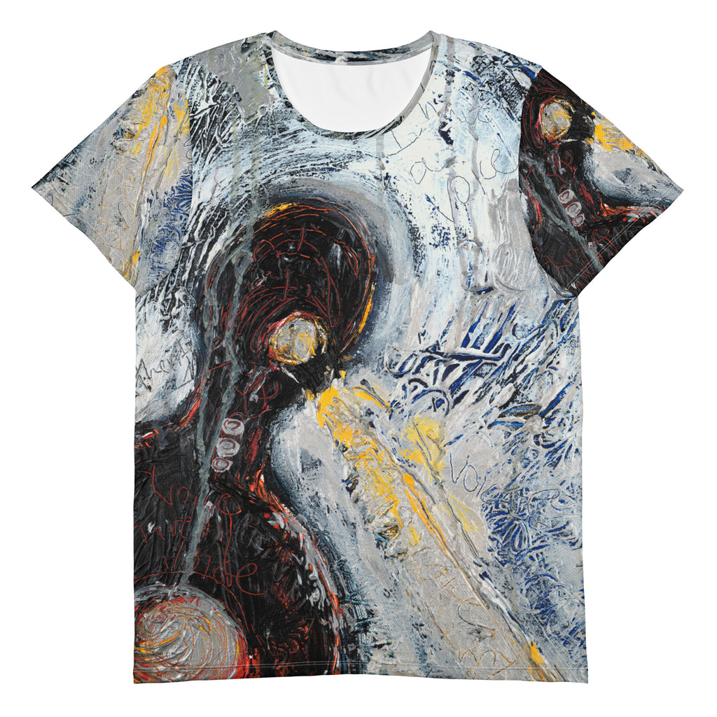 Athletic tee with a swirling gray, white and blue painting of a dark form, I HAVE A VOICE by Klara Chavarría