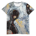 Athletic tee with a swirling gray, white and blue painting of a dark form, I HAVE A VOICE by Klara Chavarría