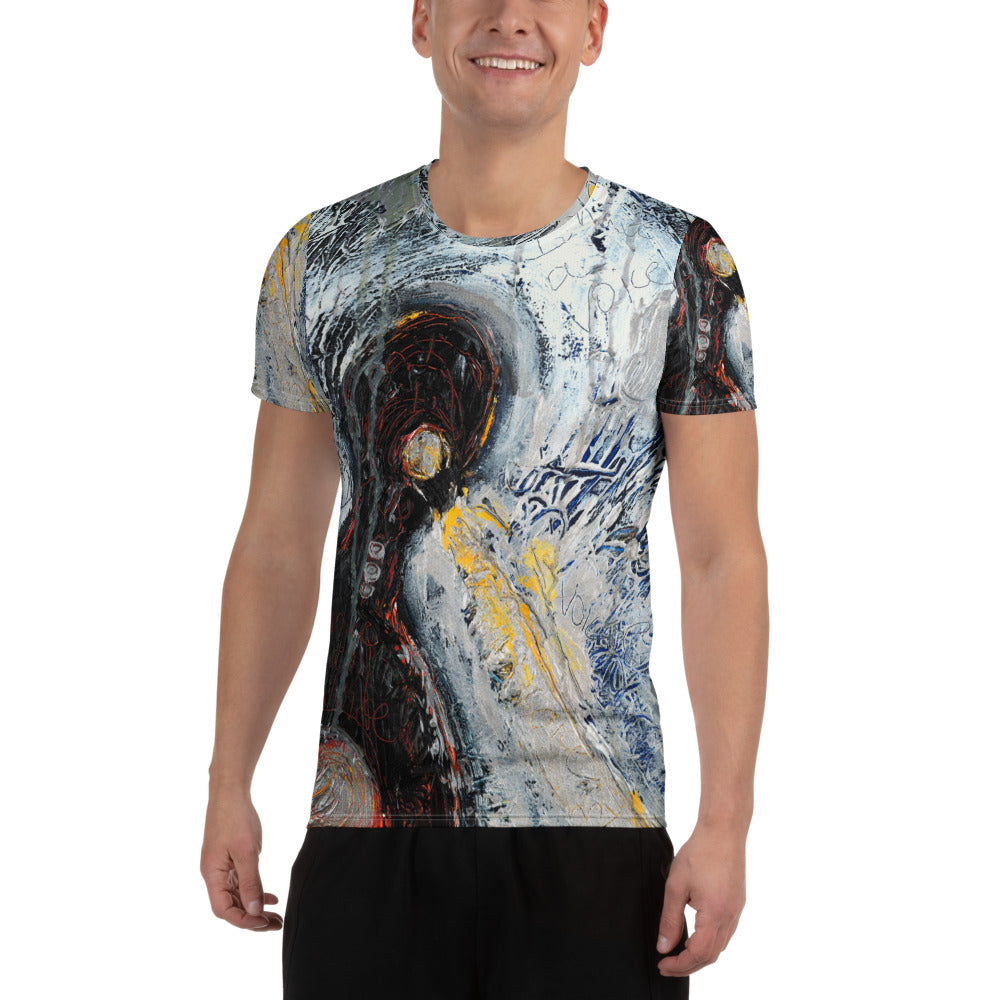 Front view of smiling model in the athletic tee and black shorts, dark shape running down the left side