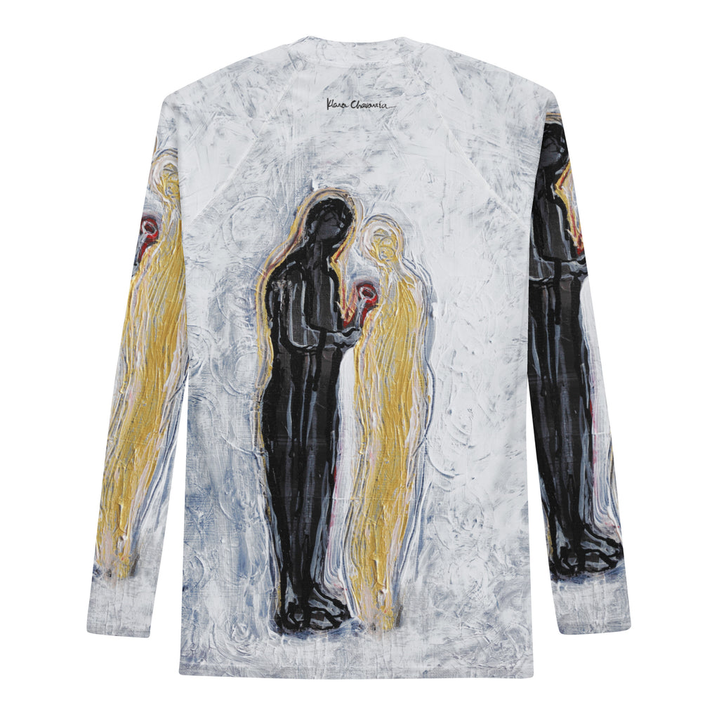 Flat back of the rash guard with a black signature below the collar above the two standing figures