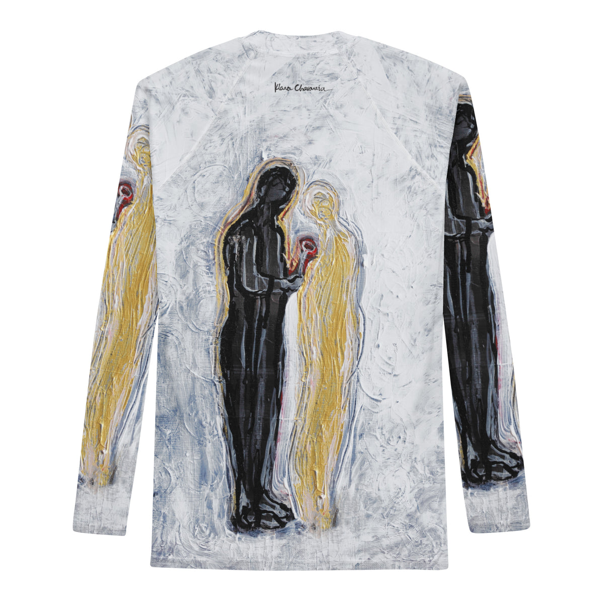 Flat back of the rash guard with a black signature below the collar above the two standing figures
