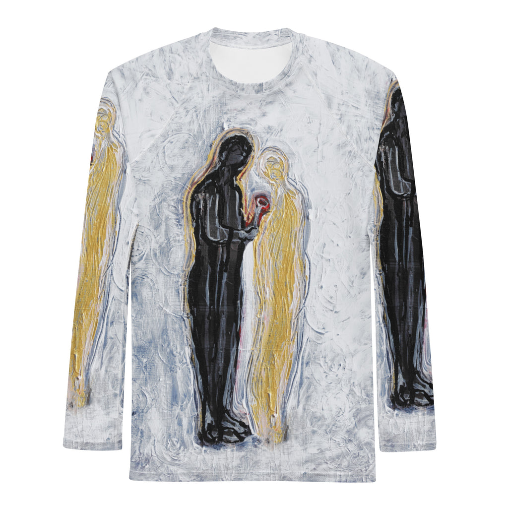 Flat front of the rash guard, a black figure offering a red heart to a gold figure on textured white