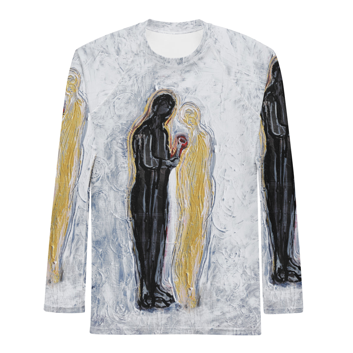 Flat front of the rash guard, a black figure offering a red heart to a gold figure on textured white