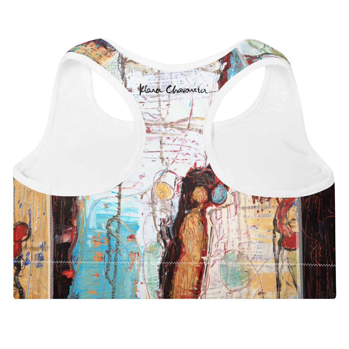 Back of the racerback bra with a black signature above an ochre figure and blue paint