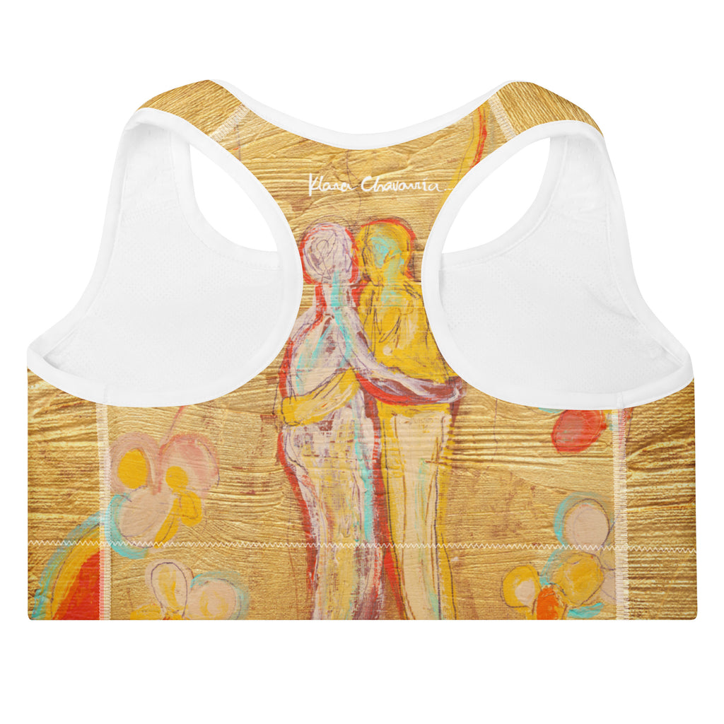Flat back of the racerback sports bra, embracing figures and pastel flowers with white signature