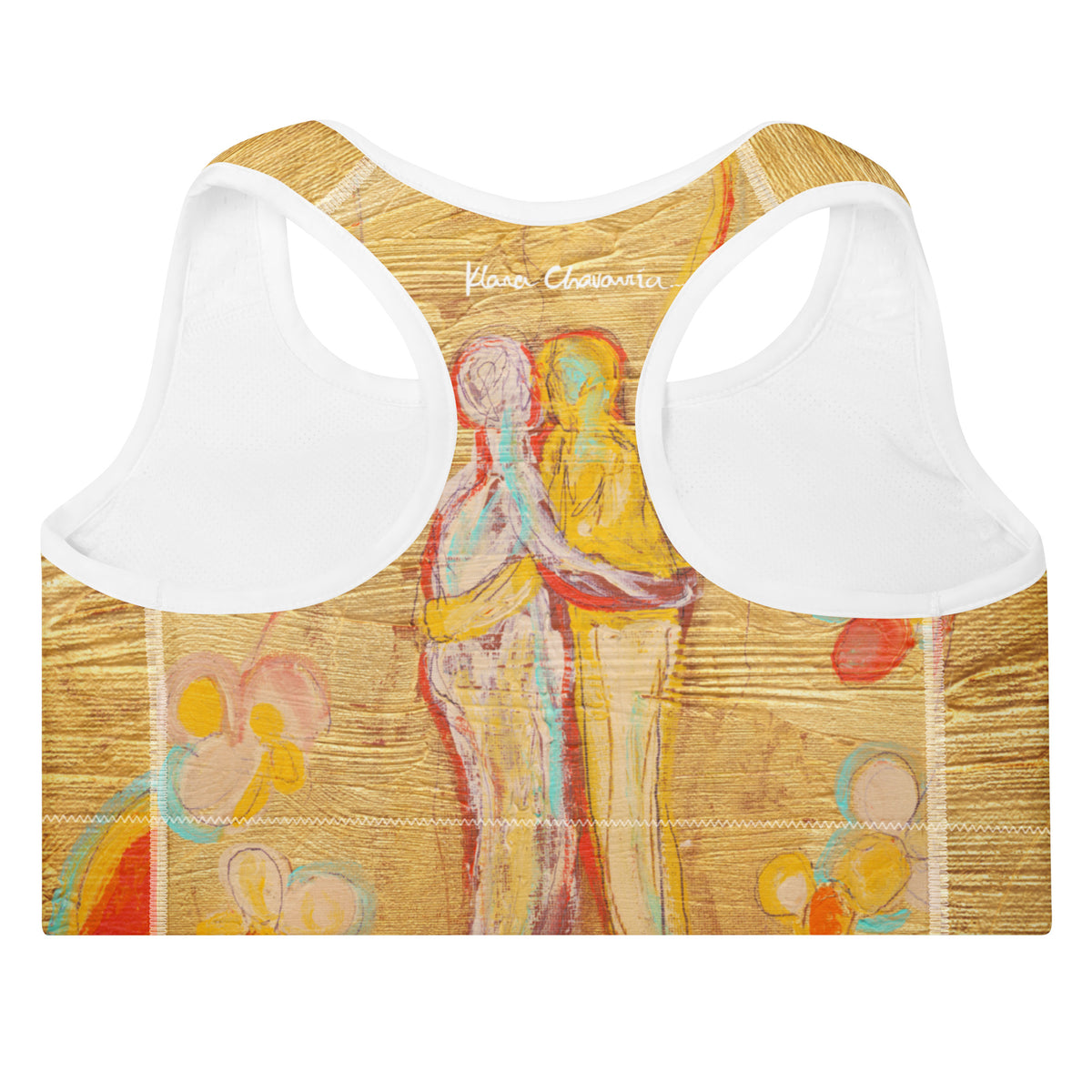 Flat back of the racerback sports bra, embracing figures and pastel flowers with white signature
