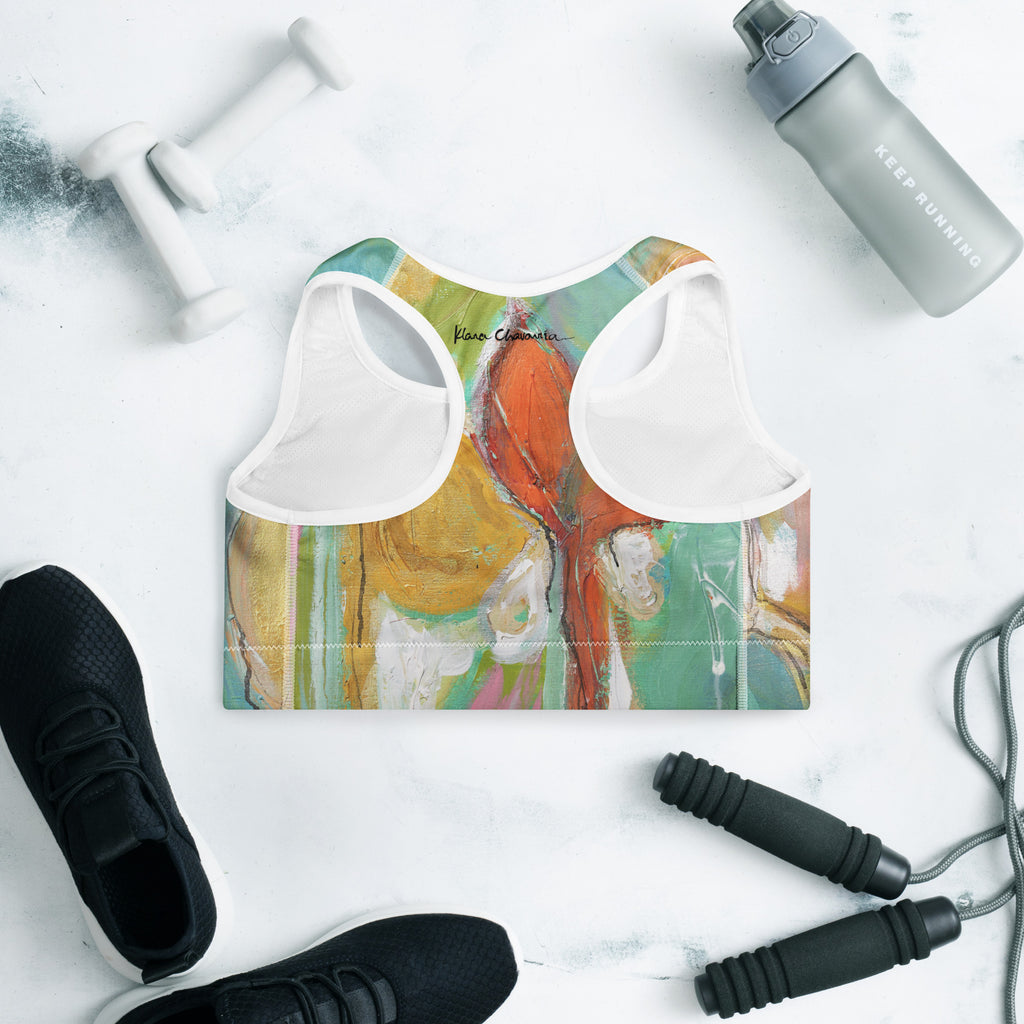 ONCE UPON A TIME... OUR STORY WITH NATURE art padded sports bra – flat lay back with gym accessories