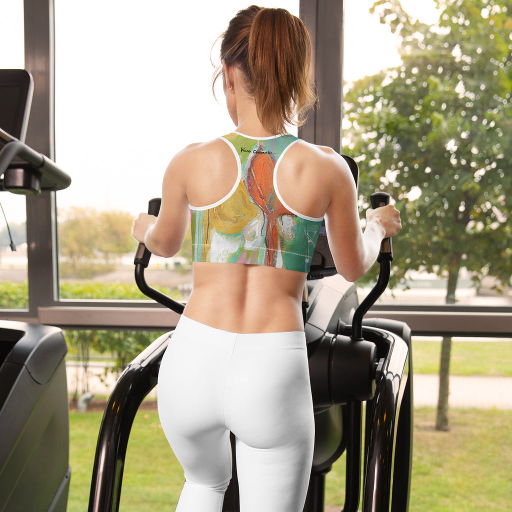 ONCE UPON A TIME... OUR STORY WITH NATURE art padded sports bra – back on model