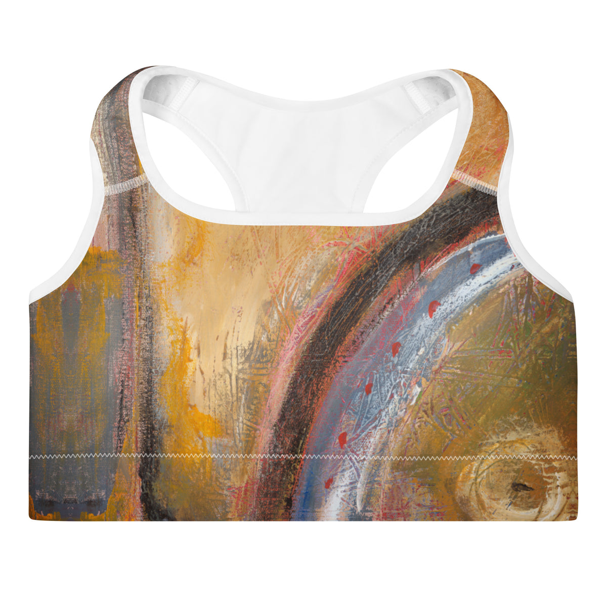 Flat front of padded sports bra with ochre, gray and gold strokes and a dark arc, PATH TO FORGIVENESS by Klara Chavarría