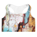 Sports bra with expressive white, sky blue, ochre and deep red brushwork and drips, REFLECTIONS II by Klara Chavarría