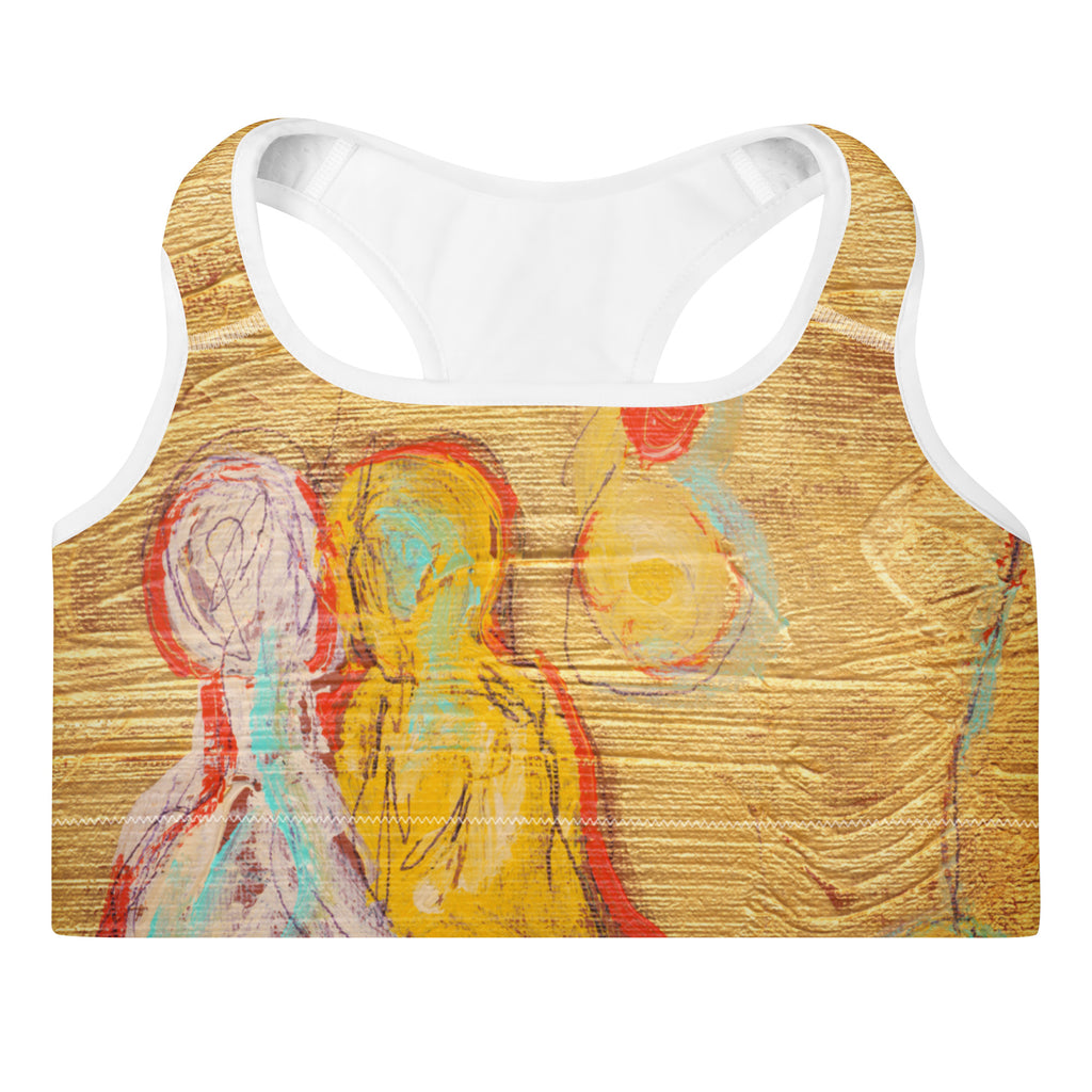 Gold padded sports bra with white trim, two pastel figures side by side, LOVE AS NATURE I by Klara Chavarría