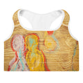 Gold padded sports bra with white trim, two pastel figures side by side, LOVE AS NATURE I by Klara Chavarría