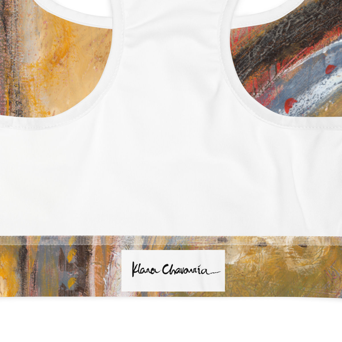 Close-up of white inner lining and printed underband with a black signature label