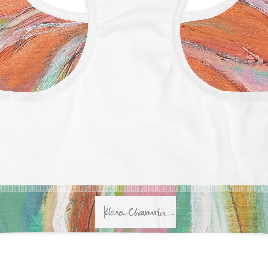 ONCE UPON A TIME... OUR STORY WITH NATURE art padded sports bra – back detail with signature label