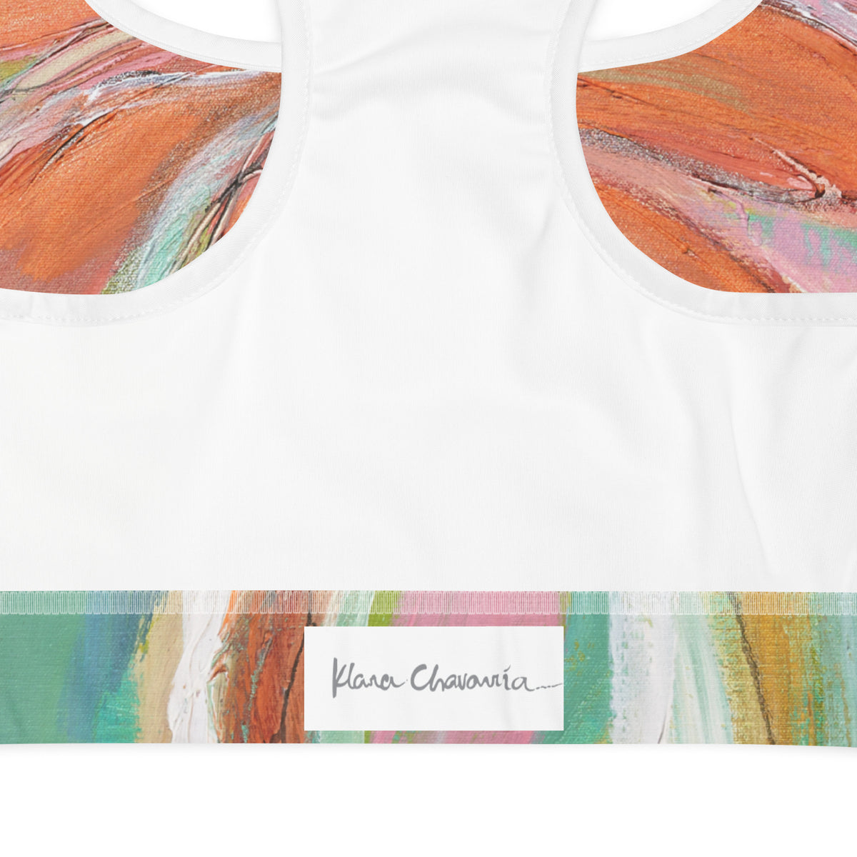 ONCE UPON A TIME... OUR STORY WITH NATURE art padded sports bra – back detail with signature label