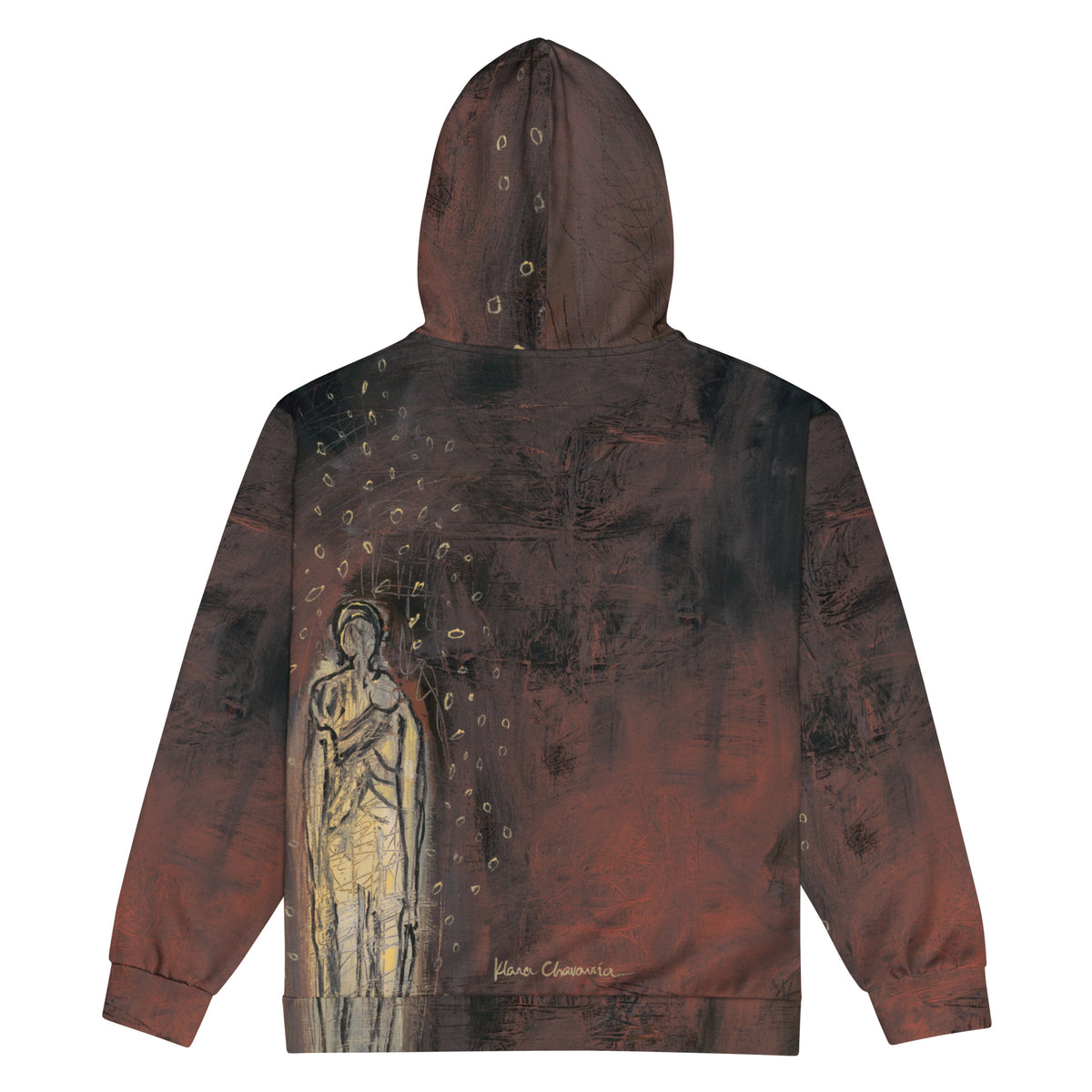 Flat back of the rust hoodie with the gold figure, ring pattern on the hood and a gold signature