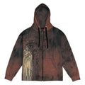 Zip hoodie in dark rust paint with a golden outlined figure and scattered gold rings, ILLUMINATION by Klara Chavarría