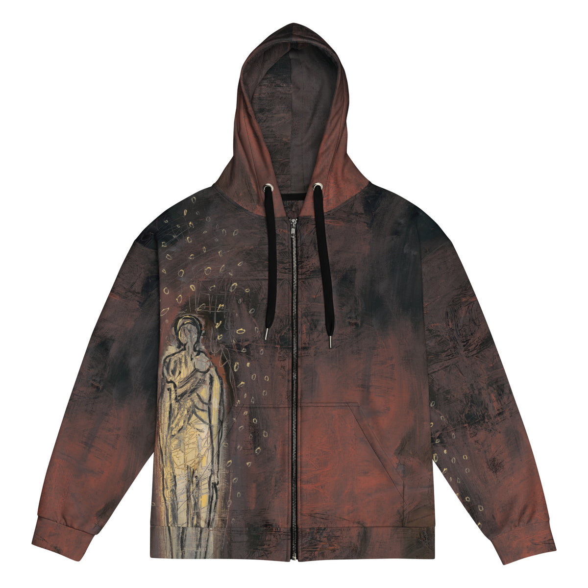 Zip hoodie in dark rust paint with a golden outlined figure and scattered gold rings, ILLUMINATION by Klara Chavarría