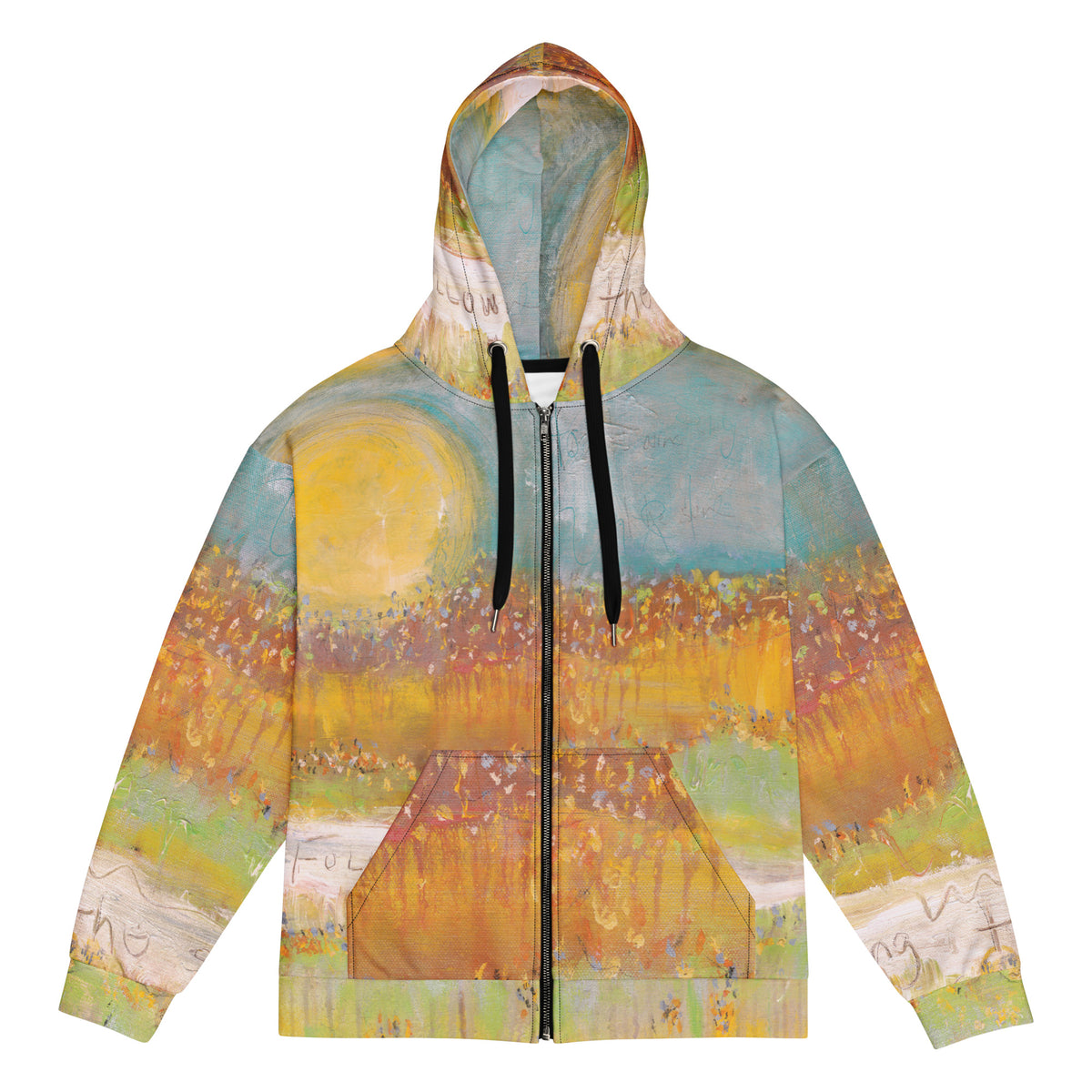 Flat front of the FOLLOWING THE SUN art zip hoodie, yellow sun, turquoise sky and orange wildflower field with black drawstrings