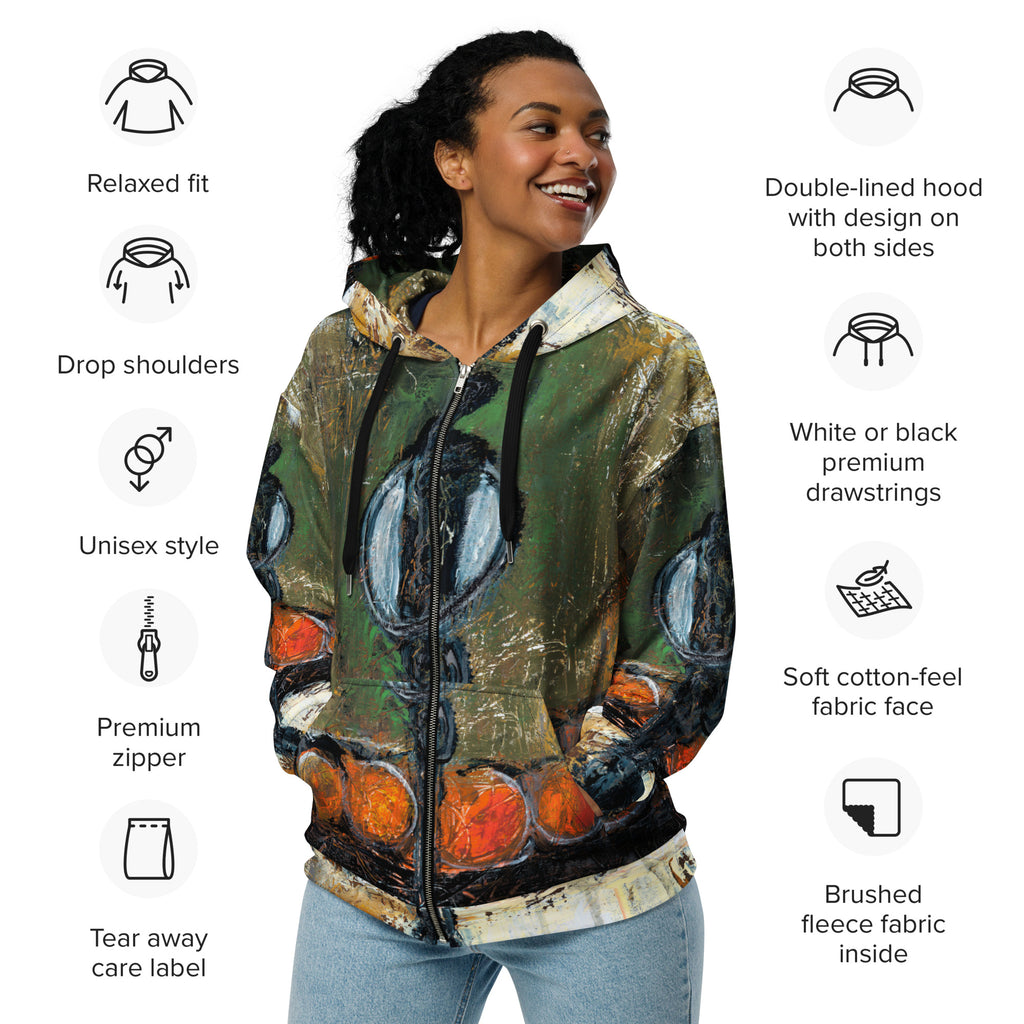 PROTECTED BY THE CIRCLE OF NO FEAR I art Unisex Zip Hoodie – White – front
