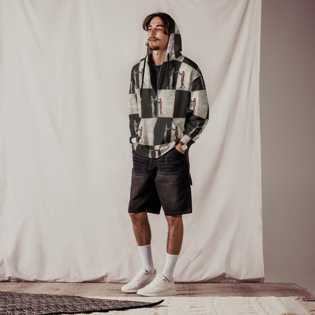 ENCOUNTER zip hoodie – front on model, man in cargo shorts
