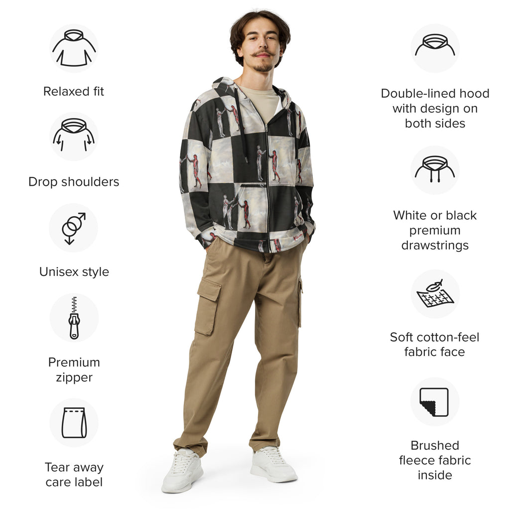 ENCOUNTER zip hoodie – front on model with feature callouts