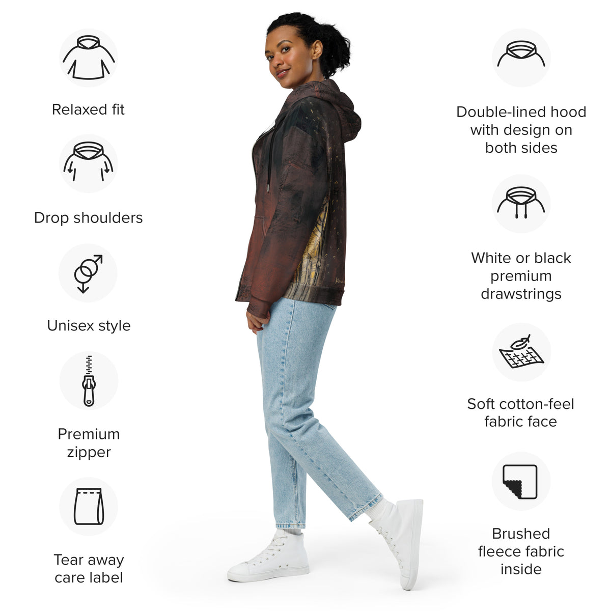 Feature graphic of model in the rust hoodie with icons for fit, zipper, hood and fleece