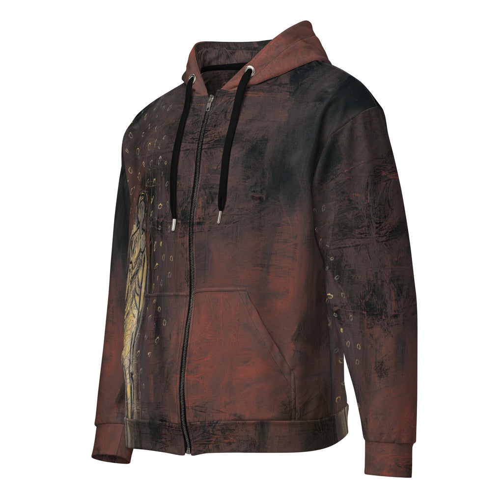 Angled front of the zipped rust hoodie with black drawstrings and a gold figure at the side