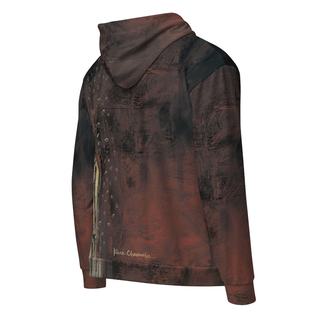 Back three-quarter view of the hoodie, dark smoky strokes with a gold signature near the hem
