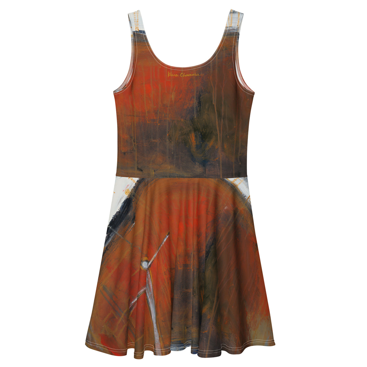 Flat back of the rust dress with a small gold signature and a figure on the skirt