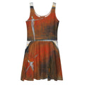 Flat front of rust skater dress with white figures with outstretched arms, COURAGE & RISK by Klara Chavarría