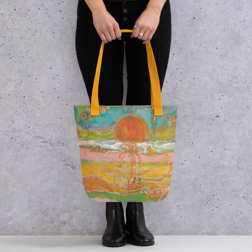 GARDEN OF ILLUSIONS art tote bag with Yellow handles – back, hanging on a ladder