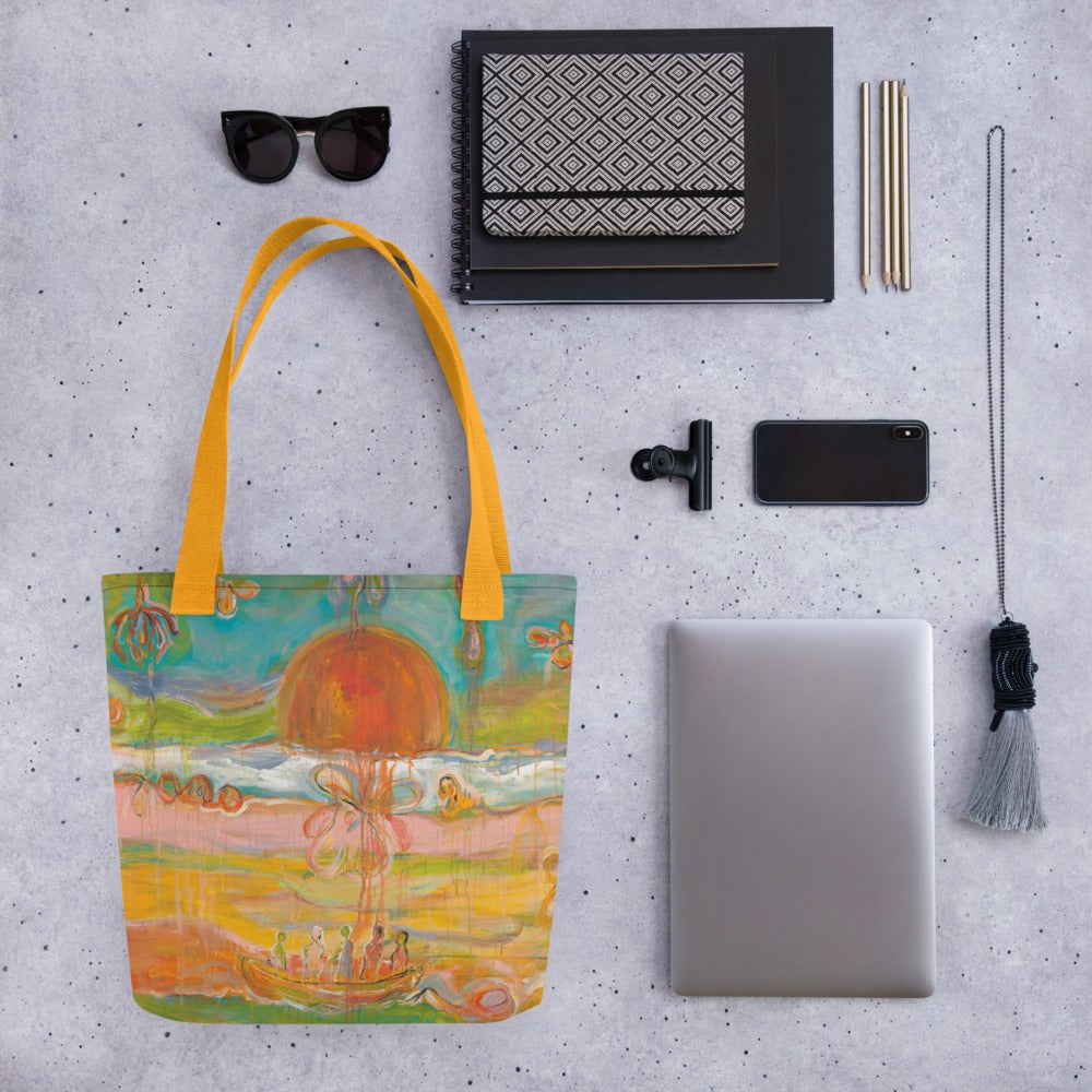 GARDEN OF ILLUSIONS art tote bag with Yellow handles – flat-lay with sunglasses and laptop – back