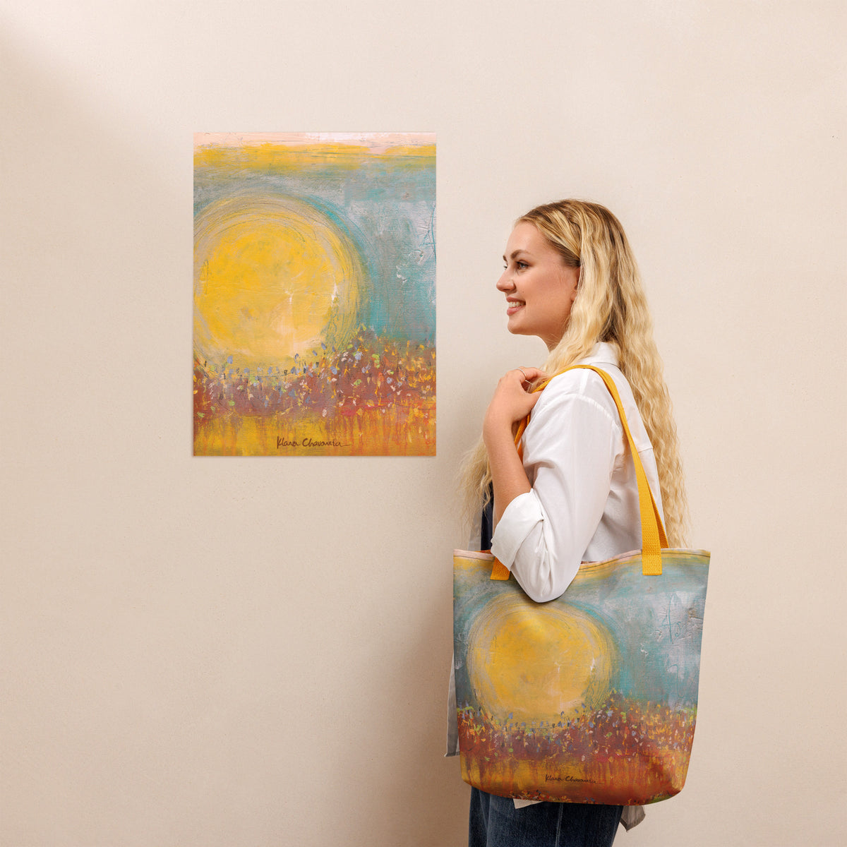 FOLLOWING THE SUN tote bag in Yellow – carried by a model beside the matching poster