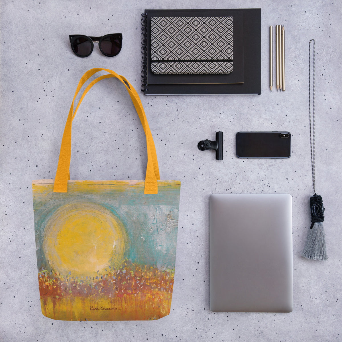 FOLLOWING THE SUN tote bag in Yellow – front, flat lay