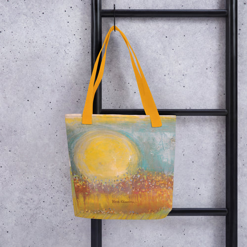 FOLLOWING THE SUN tote bag in Yellow – front on a ladder