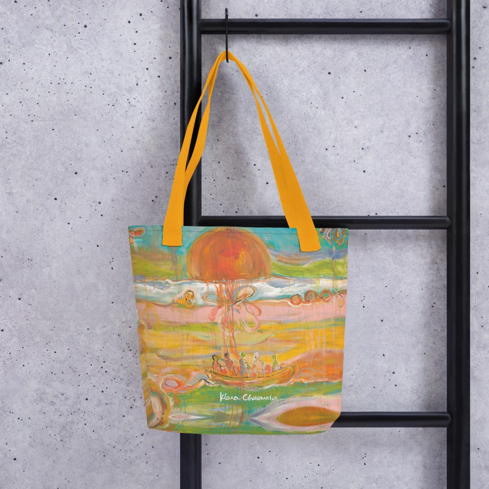 GARDEN OF ILLUSIONS art tote bag with Yellow handles – hanging on a ladder against a concrete wall