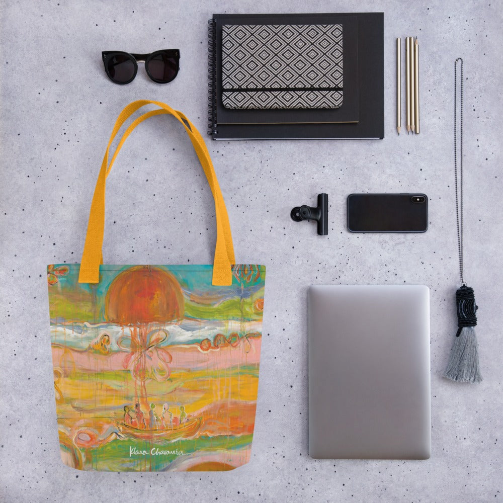 GARDEN OF ILLUSIONS art tote bag with Yellow handles – flat-lay with sunglasses and laptop – front