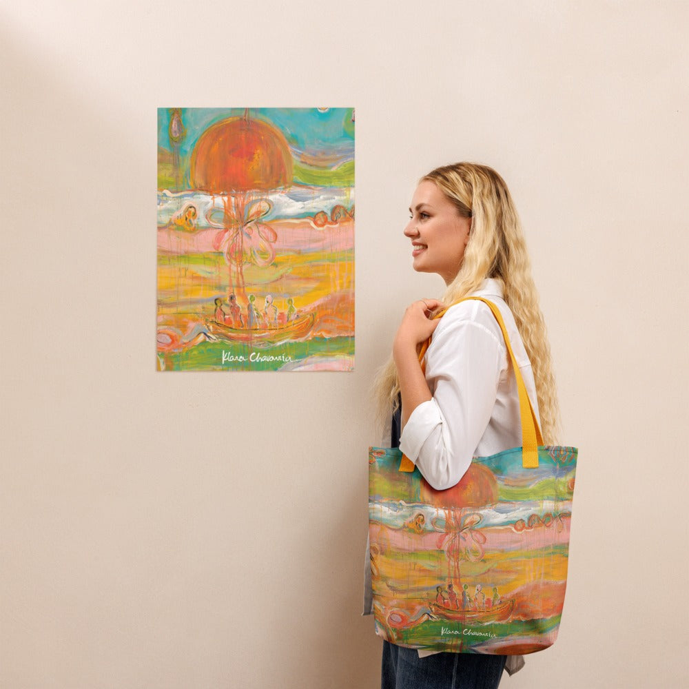 GARDEN OF ILLUSIONS art tote bag with Yellow handles – carried by a woman beside a print of the painting