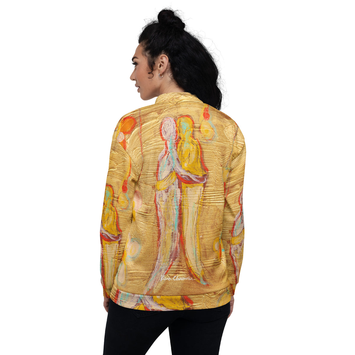 Same model from behind, embracing figures and signature on the bomber back