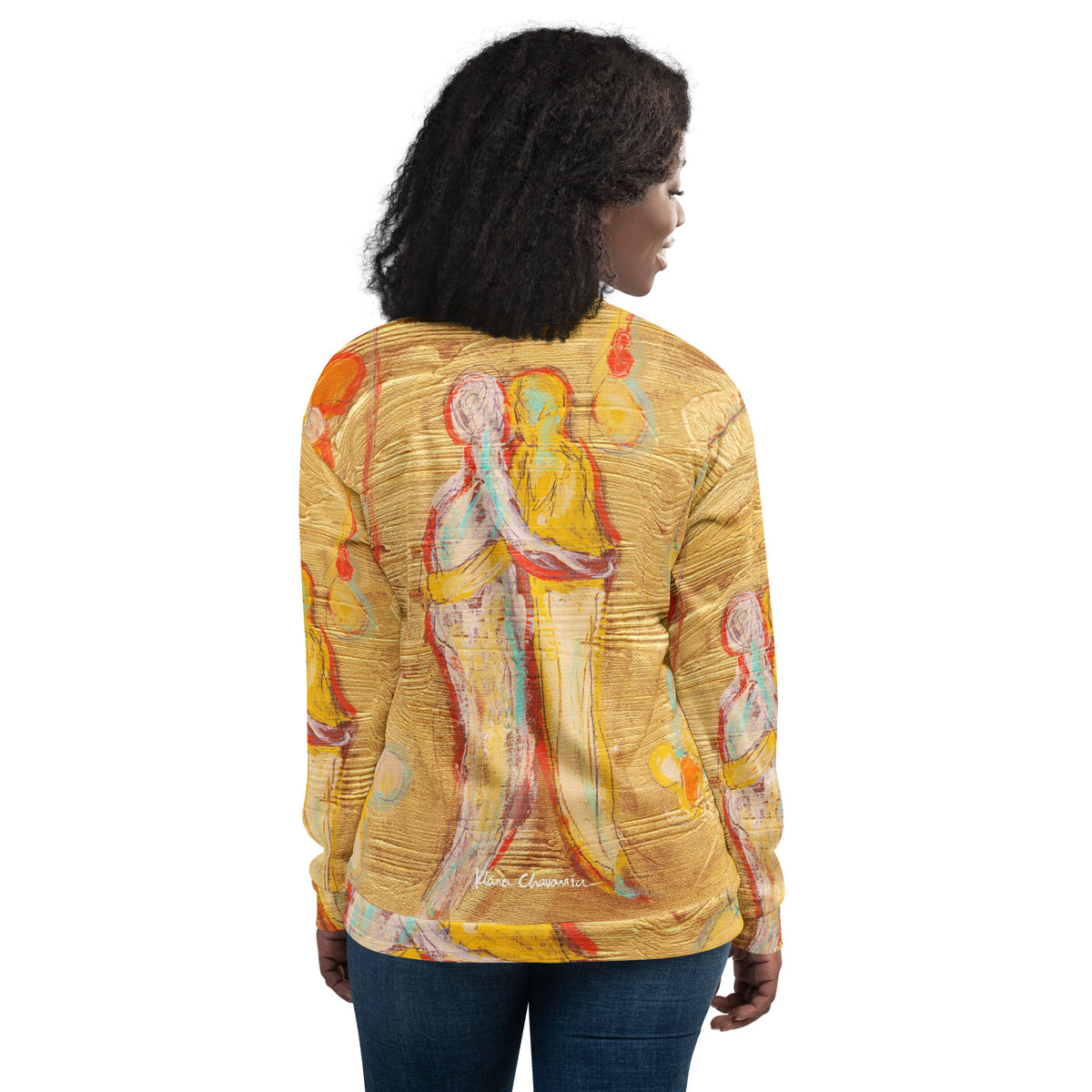 Same model from behind in jeans, embracing figures across the bomber back