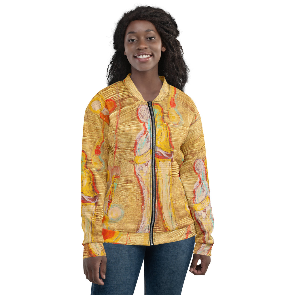Smiling model with long curly hair in the zipped bomber and blue jeans, front view