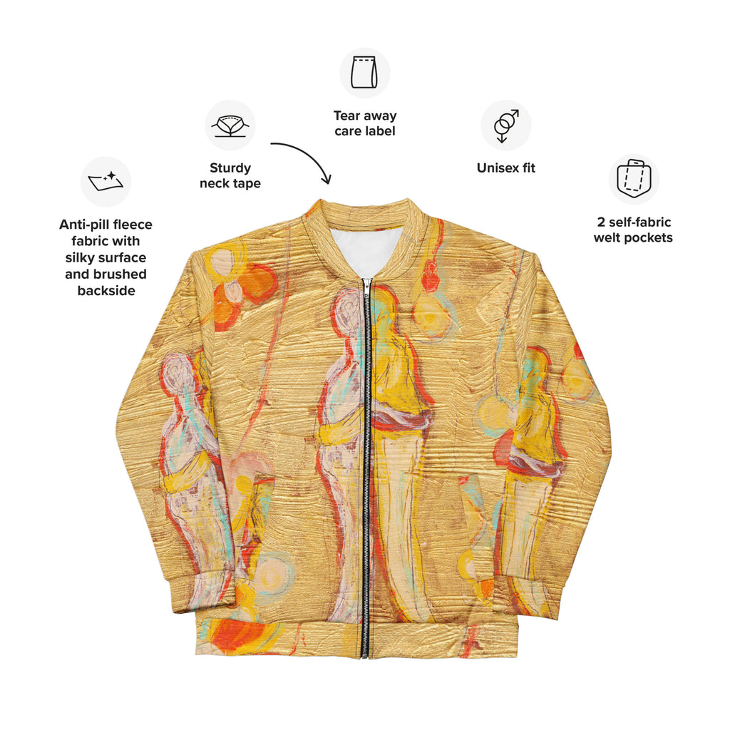 Feature graphic of the gold bomber with icons for neck tape, care label, unisex fit and pockets