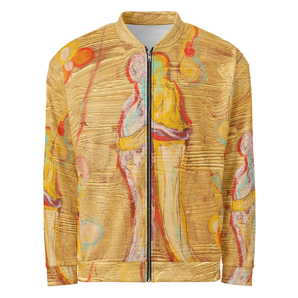 Front of gold bomber jacket with embracing figures and pale circles, LOVE AS NATURE I by Klara Chavarría