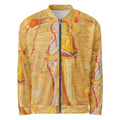 Front of gold bomber jacket with embracing figures and pale circles, LOVE AS NATURE I by Klara Chavarría