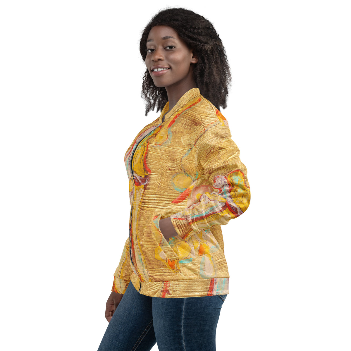 Same model in side profile smiling at the camera, hand in the bomber pocket