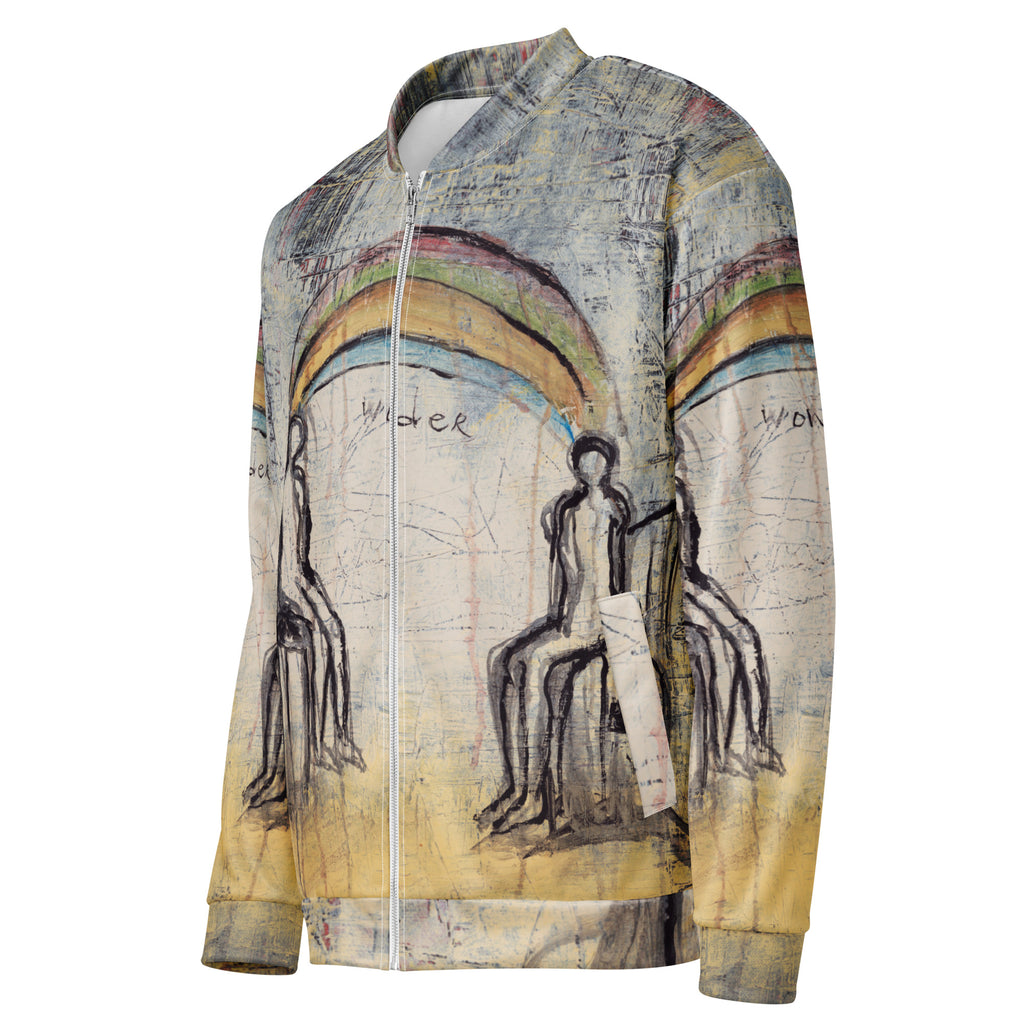 Flat three-quarter front view of the bomber with silver zip and printed pocket